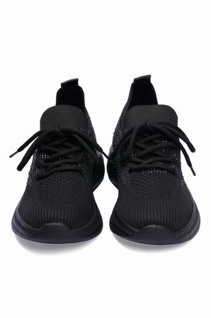 Kadın Triko Sneaker Taş Detaylı Hafif Konfor Taban Bağcıklı Günlük Spor Ayakkabı Viola Siyah