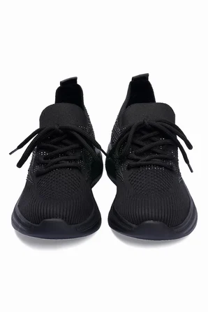Kadın Triko Sneaker Taş Detaylı Hafif Konfor Taban Bağcıklı Günlük Spor Ayakkabı Viola Siyah