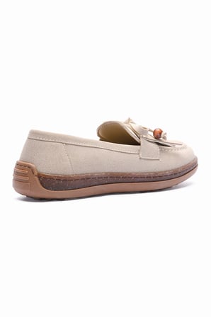 Kadın Süet Loafer Püskül ve Boncuk Detaylı Günlük Babet Lorea Bej