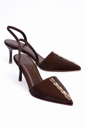 Kadın Saten Stiletto Sivri Burun Gold Detaylı Arkası Açık Abiye Topuklu Ayakkabı Marina Kahverengi
