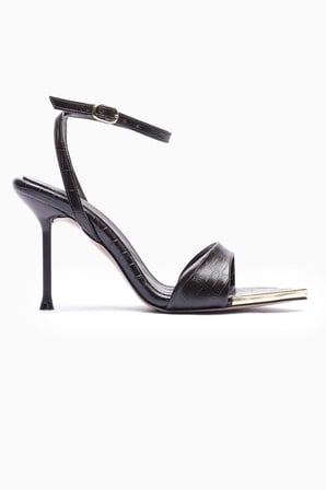 Kadın Stiletto Sivri Burun Kroko Desenli Metal Burun Detaylı Baretli Topuklu Ayakkabı Amora Kahverengi