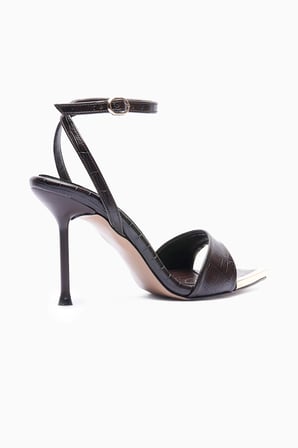 Kadın Stiletto Sivri Burun Kroko Desenli Metal Burun Detaylı Baretli Topuklu Ayakkabı Amora Kahverengi