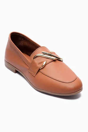 Kadın Hakiki Deri Babet Altın Tokalı Şık Loafer Calore Taba