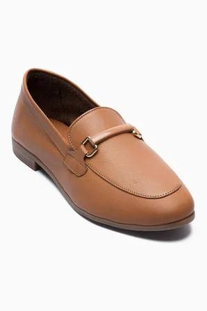 Kadın Hakiki Deri Babet Metal Aksesuar Detaylı Loafer Nalora Taba