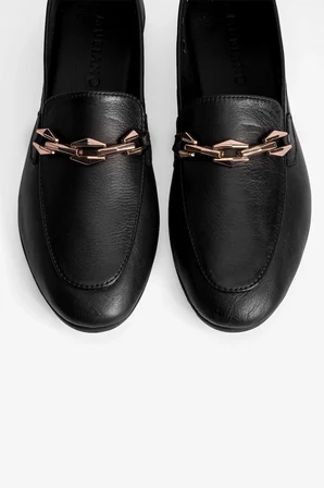 Kadın Hakiki Deri Babet Metal Aksesuar Detaylı Loafer Felina Siyah