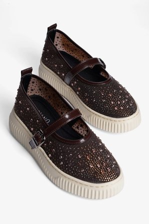 Kadın Taşlı Sneaker Babet Bantlı Günlük Şık Novira Kahverengi
