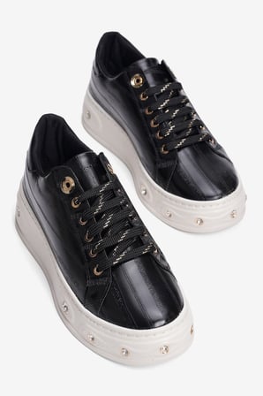 Kadın Çizgi Dokulu Sneaker Kalın Tabanlı Bağcıklı Gold Detaylı Taşlı Vika Siyah