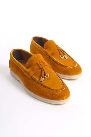 Mubiano Hakiki Deri Collection Kadın Süet Loafer & Babet Hardal -MCKRY1410-HRD