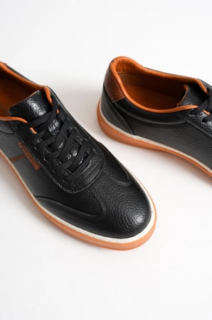 Navro Erkek Siyah Hakiki Deri Casual Sneaker Ayakkabı