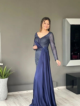 Lacivert Uzun Kol Pileli Uzun Yeni Sezon Abiye Elbise My4231 4231