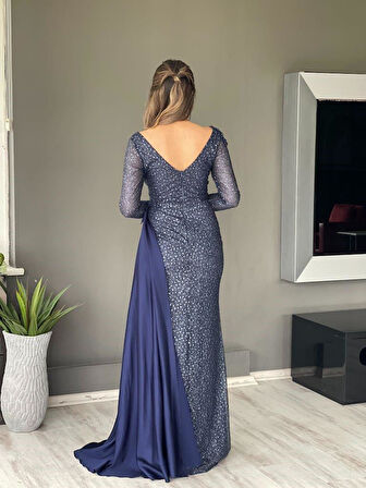 Lacivert Uzun Kol Pileli Uzun Yeni Sezon Abiye Elbise My4231 4231