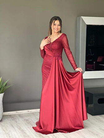 Kırmızı Uzun Kol Pileli Uzun Yeni Sezon Abiye Elbise My4231 4231