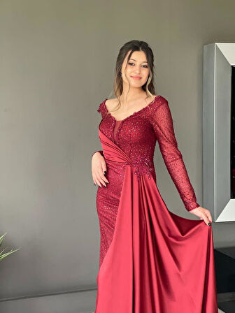 Kırmızı Uzun Kol Pileli Uzun Yeni Sezon Abiye Elbise My4231 4231