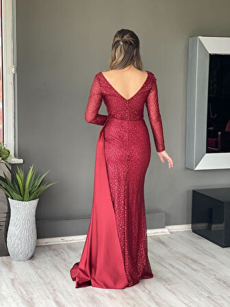 Kırmızı Uzun Kol Pileli Uzun Yeni Sezon Abiye Elbise My4231 4231