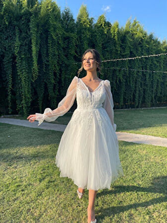 Beyaz Yıldızlar Kadın Balon Kollu Gögsü Güpürlü Tül Etekli Midi Abiye Fn7071b 7071