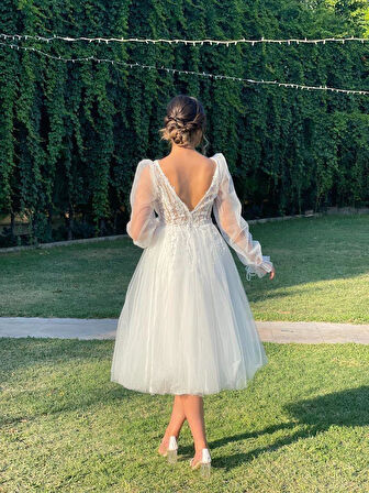 Beyaz Yıldızlar Kadın Balon Kollu Gögsü Güpürlü Tül Etekli Midi Abiye Fn7071b 7071