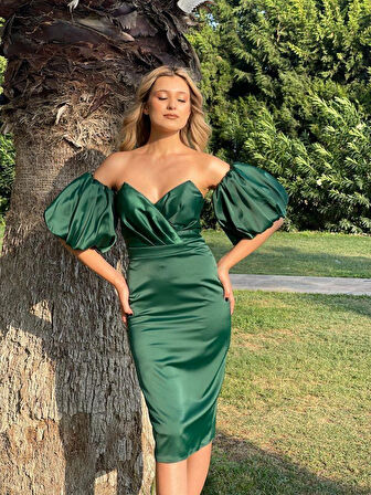 Zümrüt Yeşili Balon Kollu Beli Kemerli Midi Boy Yeni Sezon Abiye Elbise Cm55844 55844