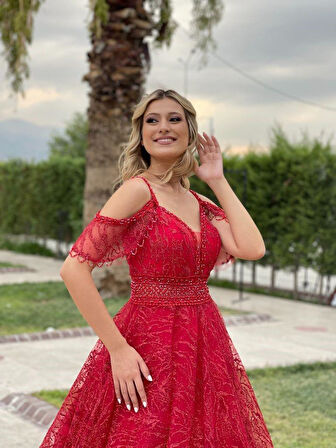 Kırmızı İp Askılı Beli Taş İşleme Kemerli V Yaka Kiloş Yeni Sezon Abiye Elbise Le661 661