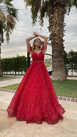 Kırmızı İp Askılı Beli Taş İşleme Kemerli V Yaka Kiloş Yeni Sezon Abiye Elbise Le661 661