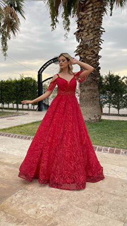 Kırmızı İp Askılı Beli Taş İşleme Kemerli V Yaka Kiloş Yeni Sezon Abiye Elbise Le661 661