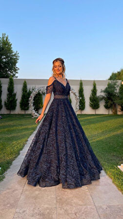 Lacivert İp Askılı Beli Taş İşleme Kemerli V Yaka Kiloş Yeni Sezon Abiye Elbise Le661 661