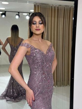 Lavanta Kayık Yaka Taş Baskılı Yeni Sezon Abiye Elbise Se613 613