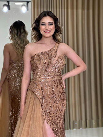 Gold Tek Omuz Sim Baskılı  Özel Tasarım Yeni Sezon Abiye Elbise Le692 692