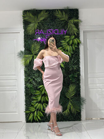 Pudra Balon Kollu Krep Midi Boy Yeni Sezon Abiye Elbise Ht8387 8387