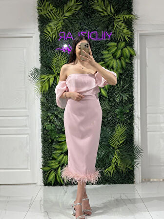 Pudra Balon Kollu Krep Midi Boy Yeni Sezon Abiye Elbise Ht8387 8387