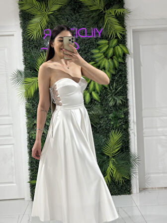 Beyaz Taş İpli Midi Boy Saten Yeni Sezon Abiye Elbise Ht8400 8400