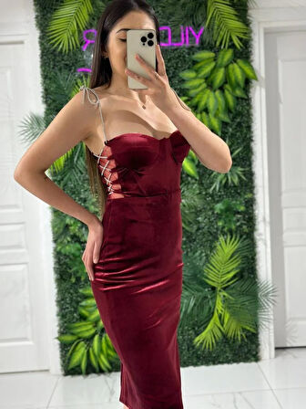 BORDO Yıldızlar Kadın Taş Askılı Yanları Pencereli Kadife Yeni Sezon Abiye Elbise Gs7350 7350 Boy:110cm