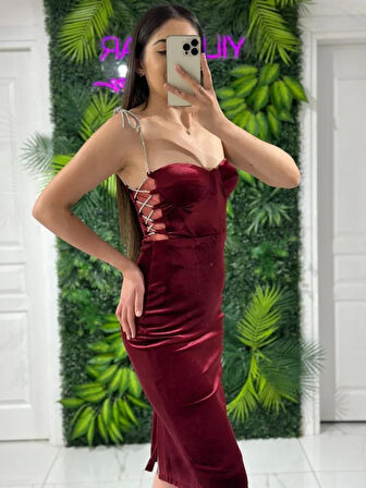 BORDO Yıldızlar Kadın Taş Askılı Yanları Pencereli Kadife Yeni Sezon Abiye Elbise Gs7350 7350 Boy:110cm