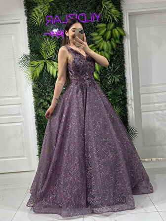 Lavanta Simli Taşlı Helen Kesim Yeni Sezon Abiye Elbise Apn1024 1024