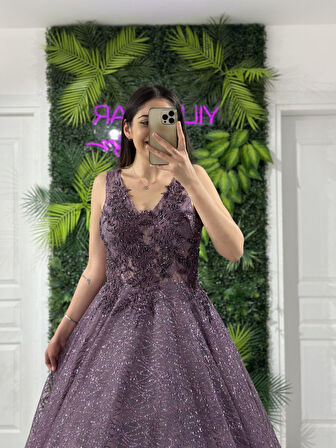 Lavanta Simli Taşlı Helen Kesim Yeni Sezon Abiye Elbise Apn1024 1024