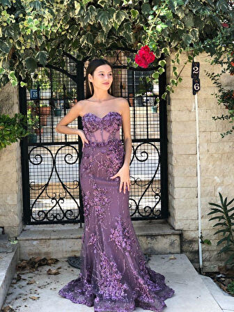Lavanta Straplez Üç Boyut Çicek Desenli Beli Transparan Yeni Sezon Abiye Elbise Ht7462 7462