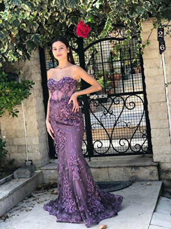 Lavanta Straplez Üç Boyut Çicek Desenli Beli Transparan Yeni Sezon Abiye Elbise Ht7462 7462