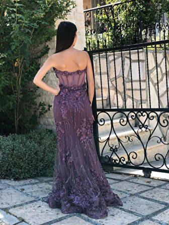 Lavanta Straplez Üç Boyut Çicek Desenli Beli Transparan Yeni Sezon Abiye Elbise Ht7462 7462