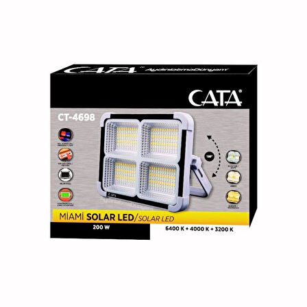 Cata CT-4698 Taşınabilir Şarjlı Solar Led Projektör 200W 6400K