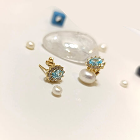 9.9mm Vidalı Oval Aqua Mavisi Tek Taş Küpe 14 Ayar Altın HD VİDEOLU