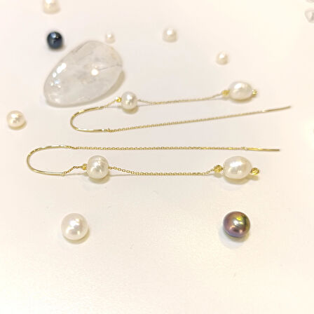 İnci Dorika Toplu Sallanan Zincir Küpe 14 Ayar Altın HD VİDEOLU