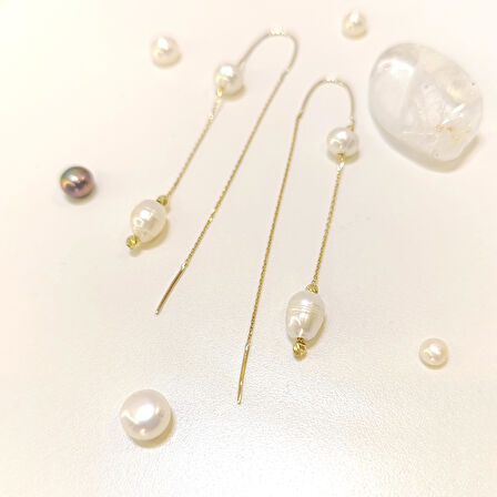 İnci Dorika Toplu Sallanan Zincir Küpe 14 Ayar Altın HD VİDEOLU