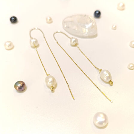 İnci Dorika Toplu Sallanan Zincir Küpe 14 Ayar Altın HD VİDEOLU