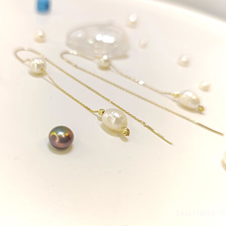 İnci Dorika Toplu Sallanan Zincir Küpe 14 Ayar Altın HD VİDEOLU