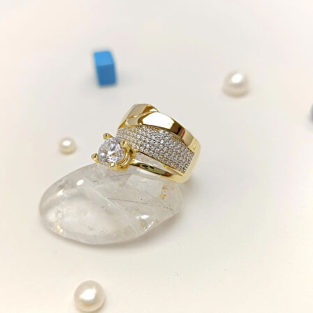 Bitişik Alyans Tek Taşlı Yüzük 14 Ayar Altın HD VİDEOLU