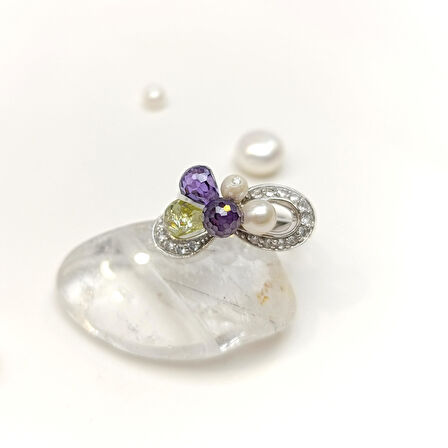 Renkli ve İnci Taşlı Yüzük 14 Ayar Altın HD VİDEOLU