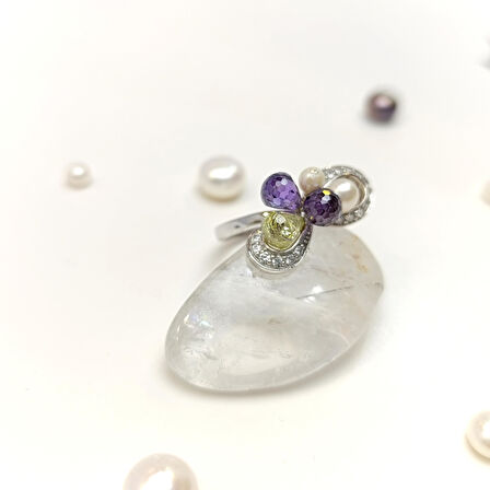 Renkli ve İnci Taşlı Yüzük 14 Ayar Altın HD VİDEOLU