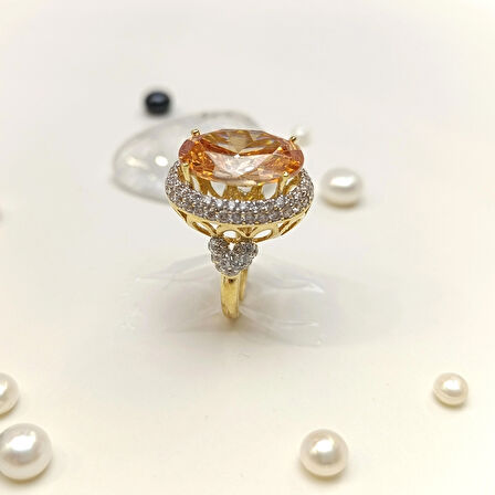 Açık Turuncu Taşlı Yüzük 14 Ayar Altın HD VİDEOLU