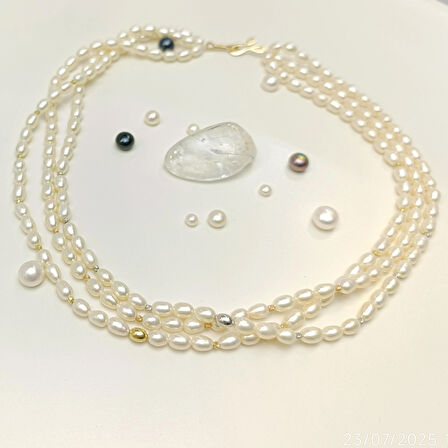 Dorika Toplu Üç Sıralı Oval Gerçek İncili Gerdanlık Kolye 14 Ayar Altın HD VİDEOLU