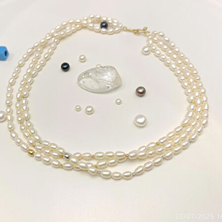 Dorika Toplu Üç Sıralı Oval Gerçek İncili Gerdanlık Kolye 14 Ayar Altın HD VİDEOLU