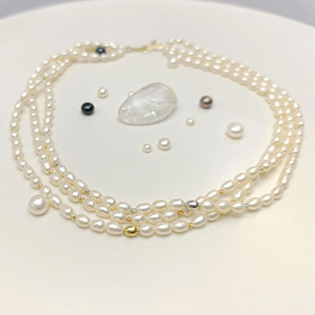 Dorika Toplu Üç Sıralı Oval Gerçek İncili Gerdanlık Kolye 14 Ayar Altın HD VİDEOLU